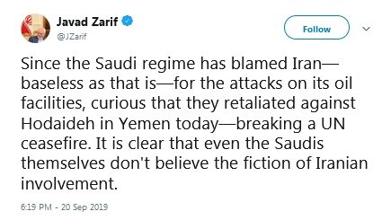ظریف: حتی سعودی ها هم داستان دخالت ایران در آرامکو را باور ندارند