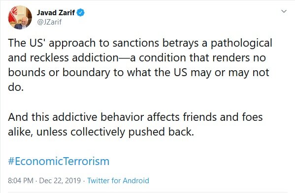 درخواست ظریف برای اقدام جمعی علیه تحریم‌های آمریکا