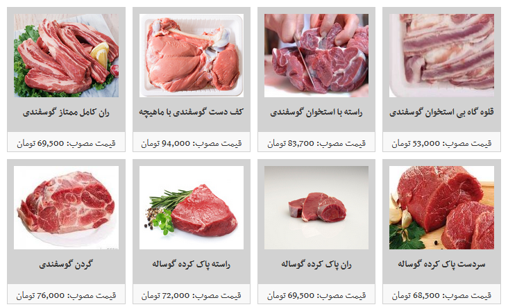 نرخ مصوب انواع گوشت تازه گوساله و گوسفندی وارداتی در غرفه های تره بار