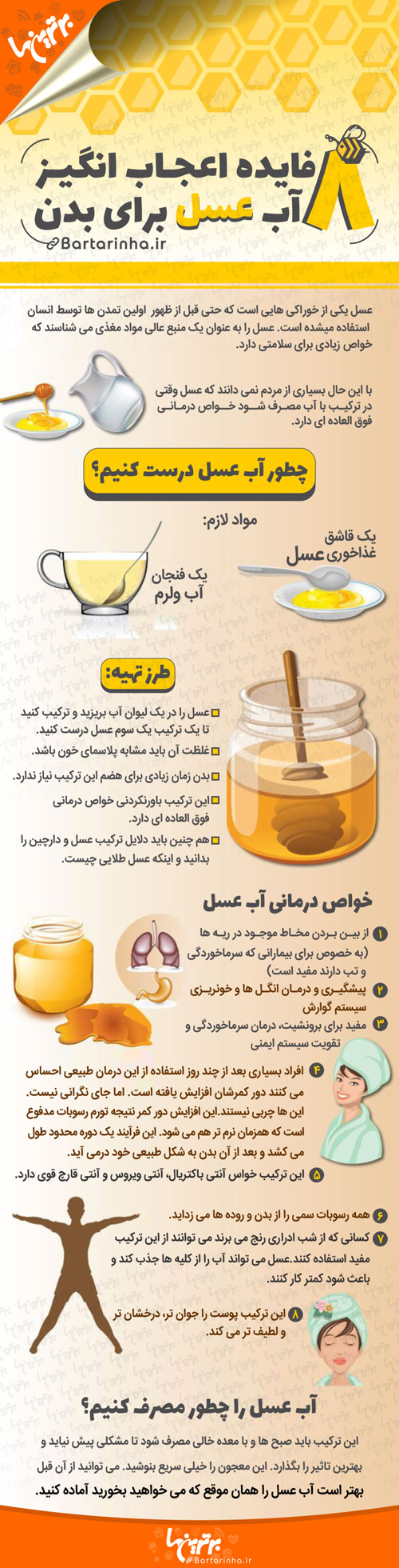 اینفوگرافی؛ ۸ فایده اعجاب انگیز آب عسل برای بدن